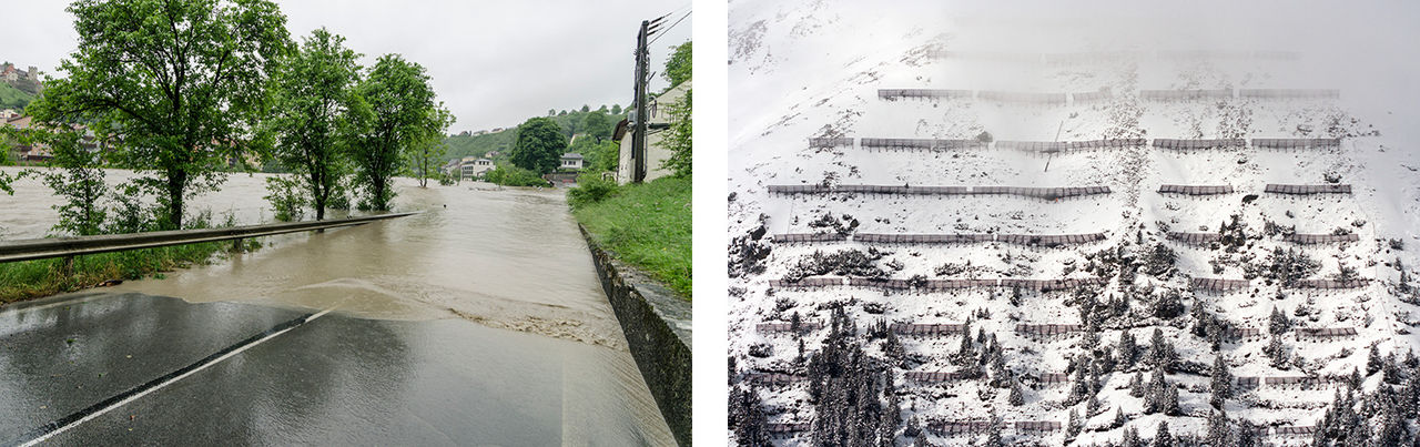 Links: Hochwasser in Hochburg-Ach, rechts: Lawinenschutz in den Alpen