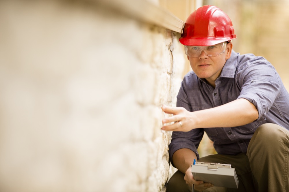Repairman, building inspector, exterminator, engineer, insurance adjuster, or other blue collar worker examines a building/home exterior wall.  He wears a red hard hat and clear safety glasses and holds a clipboard. 