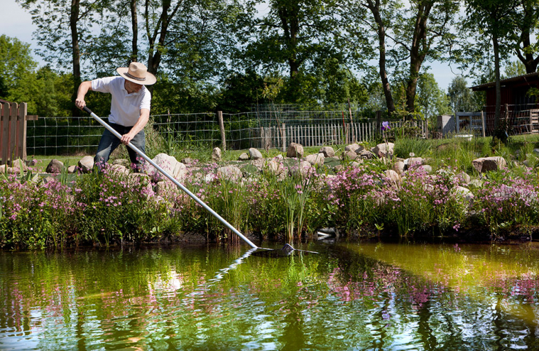 Eine Person mit Hut fischt mit einem Kescher in einem Teich