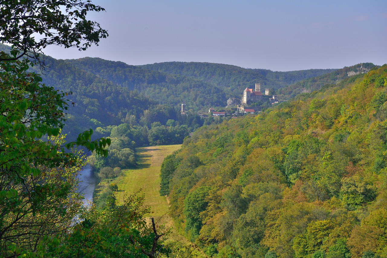 Blick auf grüne Landschaft mit Fluss und Burgruine