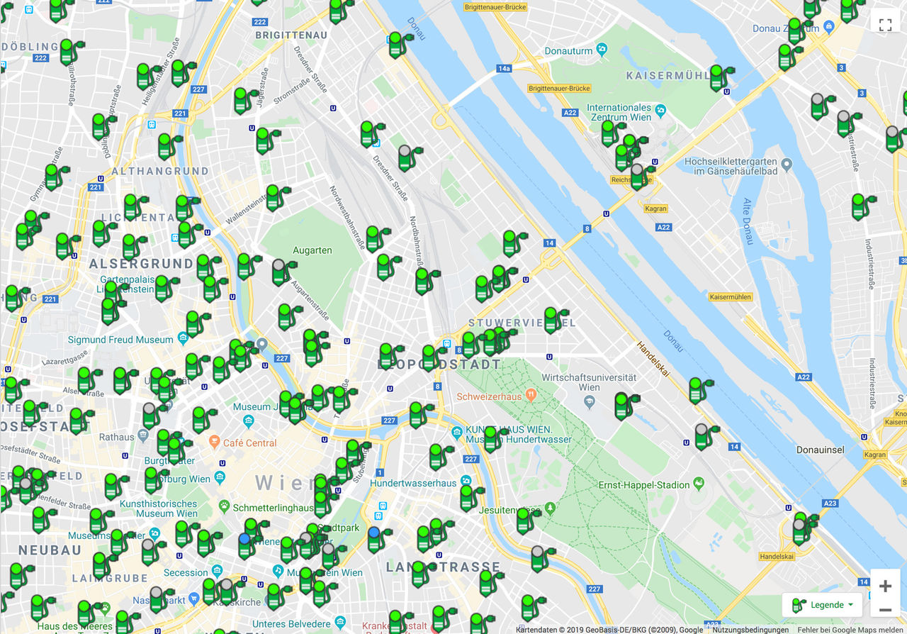 Karte von E-Ladestationen in Wien