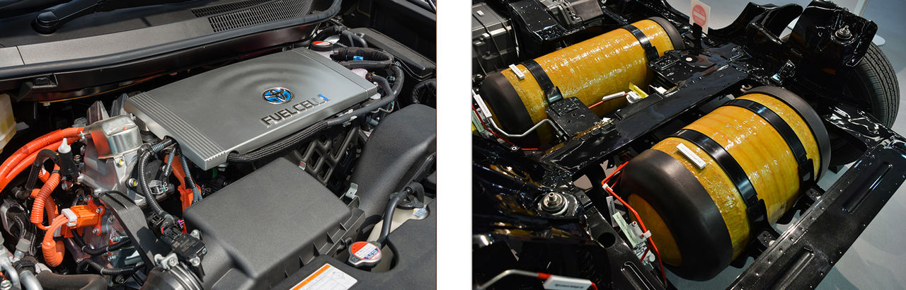 Bild links: Brennstoffzelle in einem Toyota Mirai Rechts: Wasserstofftanks im Auto