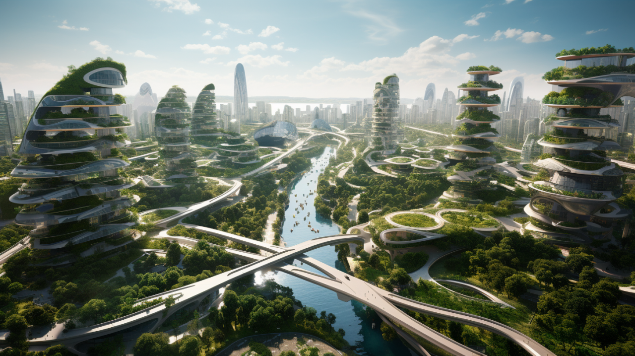 Eine futuristische Stadt mit viel grüner Bepflanzung erstreckt sich entlang eines Flusses
